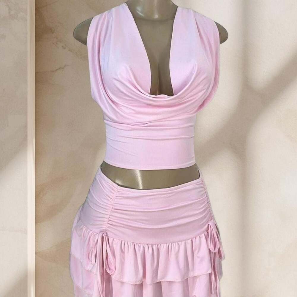 Draped V-Neck Crop Top & Tiered Skirt Set - Light Pink